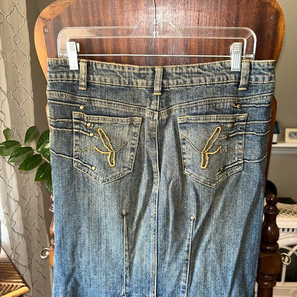 Vtg 90s BISOU BISOU Blue Faded Stretch Cotton Denim Mermaid Maxi Skirt 10 - Picture 6 of 11